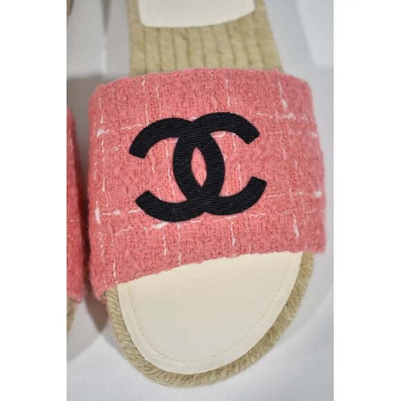 Chanel 20A Pink Tweed Black CC Logo Espadrille Slide Slip On Sandal Mule Flat 37 - Picture 7 of 12